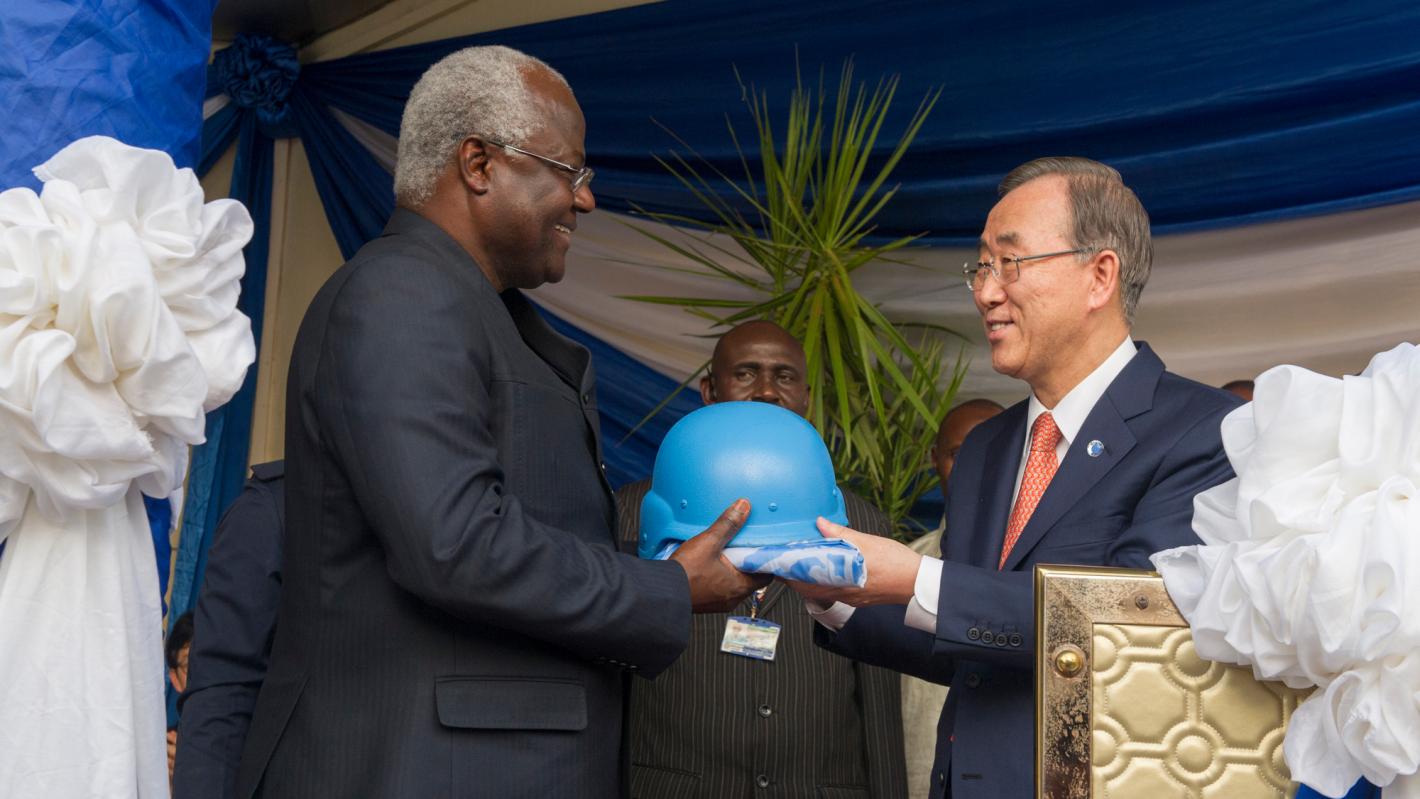 Secretary-General Ban Ki-moon (right) with with Ernest Bai Koroma, President of the Republic of Sierra Leone, at the ceremony marking the closure of the UN Integrated Peace Building Mission in Sierra Leone (UNIPSIL), and the transfer of its responsibilities to the UN country team.