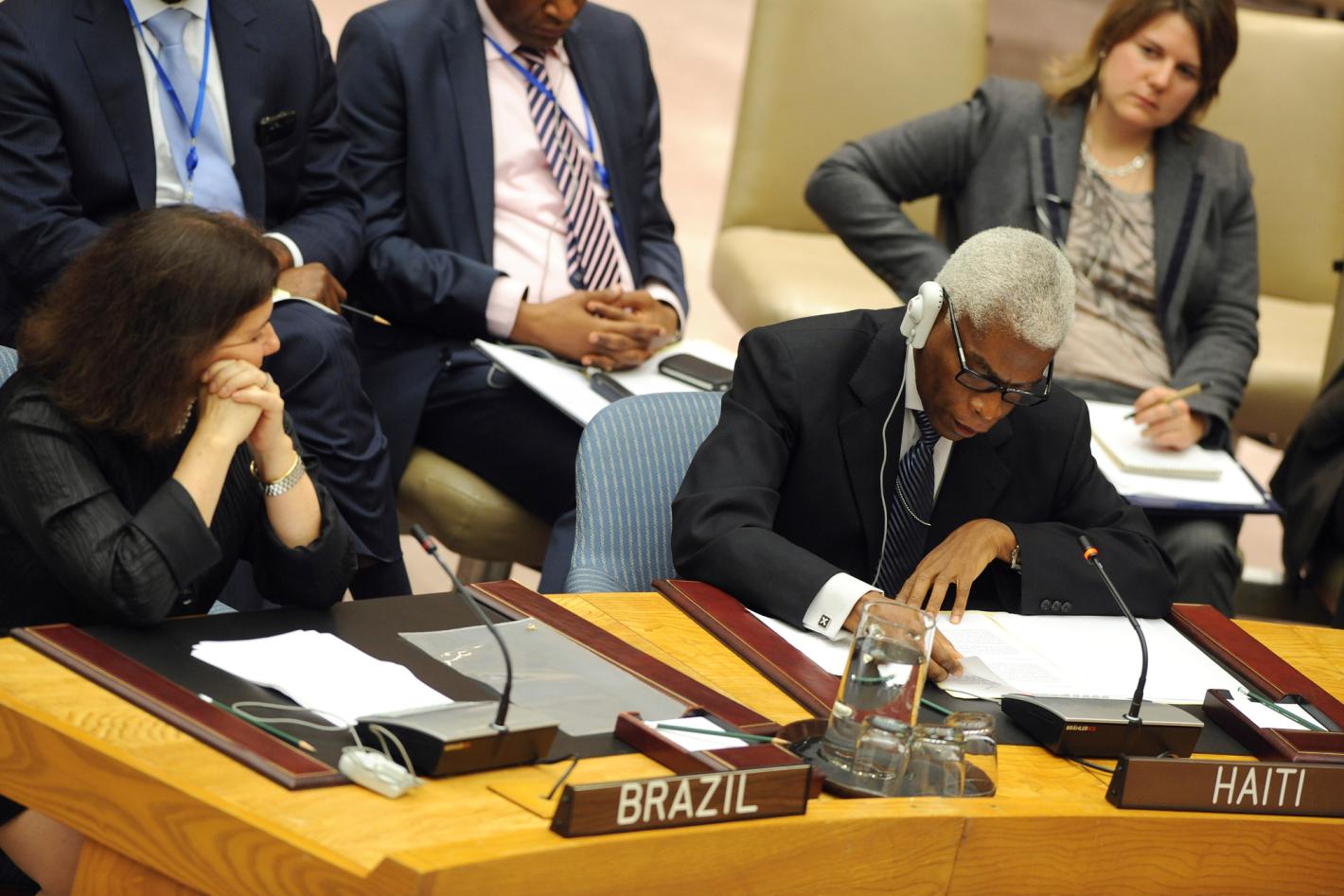 Jean Wesley Cazeau (front row, right), Permanent Representative of Haiti to the UN, addresses the Security Council debate on the UN Stabilization Mission in Haiti (MINUSTAH).