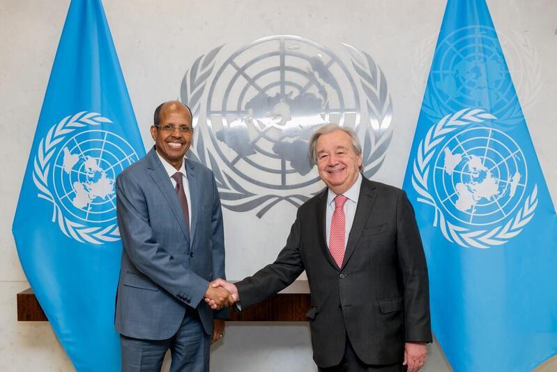 Secretary-General António Guterres meets H.E. Mahmoud Ali Youssouf, Chairperson of the African Union Commission.